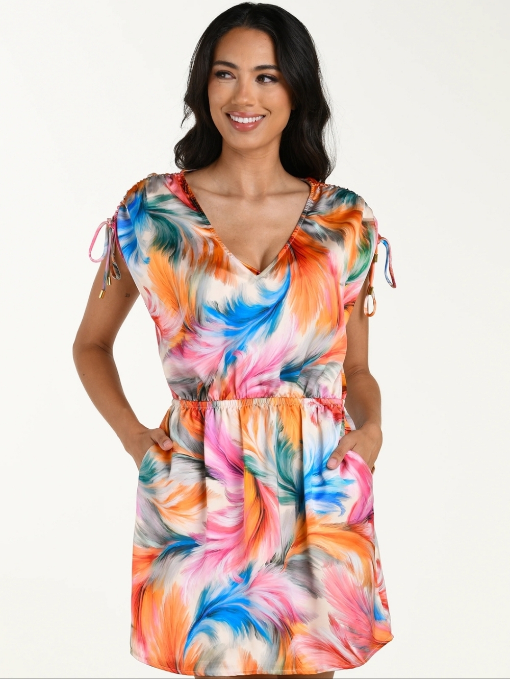 NWT. La Blanca Feathered Impressions V-neck Swim Cover-up Dress Sz.Large